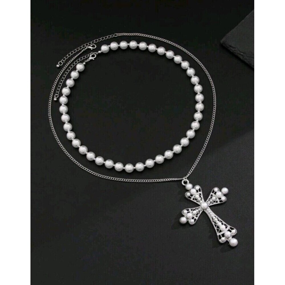 2 piece Vintage Style Cross & Faux Pearl Pendant Necklace - Picture 7 of 8